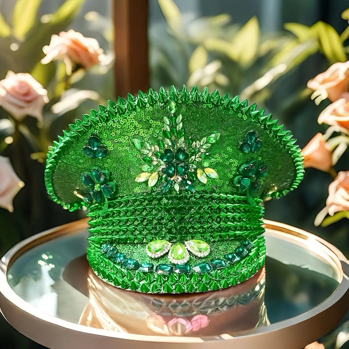 Green Sequin Pirate Hat with Clover – Unisex Steampunk Party Costume Accessory for St. Patrick’s Day, Carnival, Bar or Cruise Wear