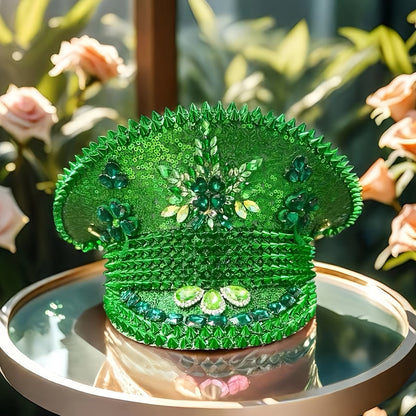 Green Sequin Pirate Hat with Clover – Unisex Steampunk Party Costume Accessory for St. Patrick’s Day, Carnival, Bar or Cruise Wear