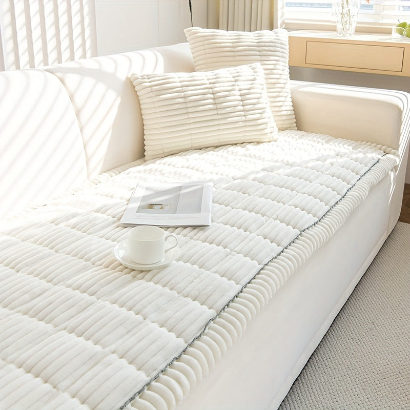 Thick Quilted Plush Sofa Cushion Cover – Non-Slip, Pet-Friendly, All-Season Living Room Essential with Ruffled Trim