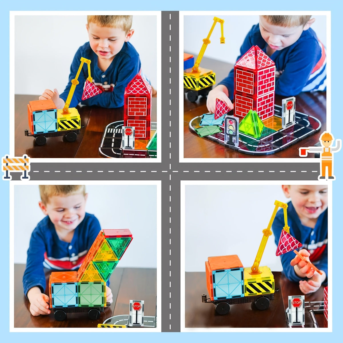 Magnetic Tiles Road Set – Extendable STEM Construction Toys with Magnetic Crane for Kids’ Educational City Building Play