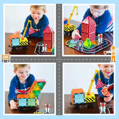 Magnetic Tiles Road Set – Extendable STEM Construction Toys with Magnetic Crane for Kids’ Educational City Building Play