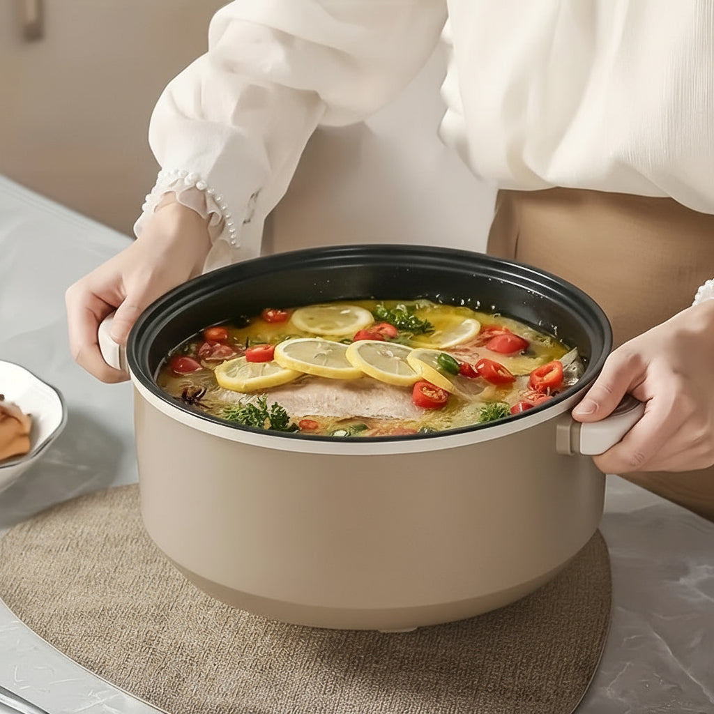 Large Capacity Electric Hot Pot with Steamer – Stainless Steel Multi-Function Cooker with Temperature Control & Non-Stick Liner