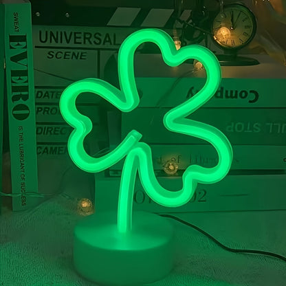 Green LED Clover Neon Light – USB & Battery Powered Art Deco Shamrock Sign for Indoor Spring Celebrations & St. Patrick’s Day