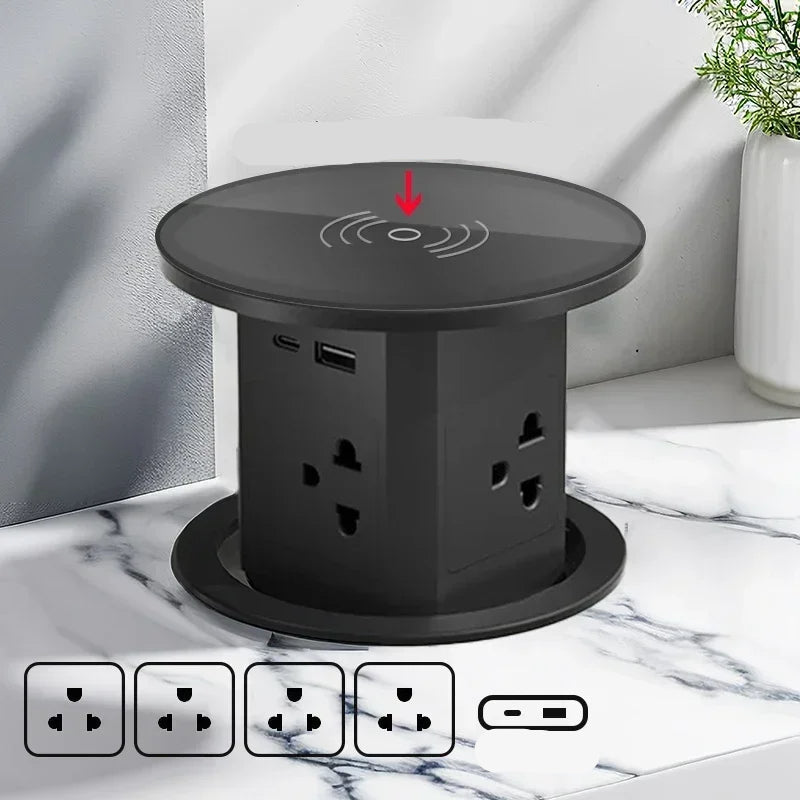 Automatic Pop-Up Desk Socket Tower – Hidden Power Hub with USB-C, Wireless Charging & Global Plug Support