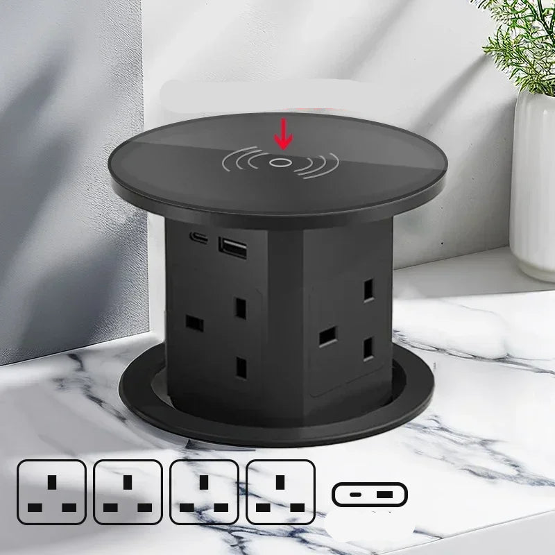 Automatic Pop-Up Desk Socket Tower – Hidden Power Hub with USB-C, Wireless Charging & Global Plug Support