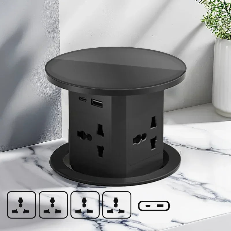 Automatic Pop-Up Desk Socket Tower – Hidden Power Hub with USB-C, Wireless Charging & Global Plug Support