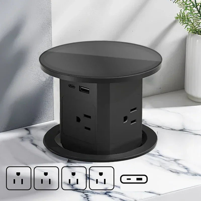 Automatic Pop-Up Desk Socket Tower – Hidden Power Hub with USB-C, Wireless Charging & Global Plug Support