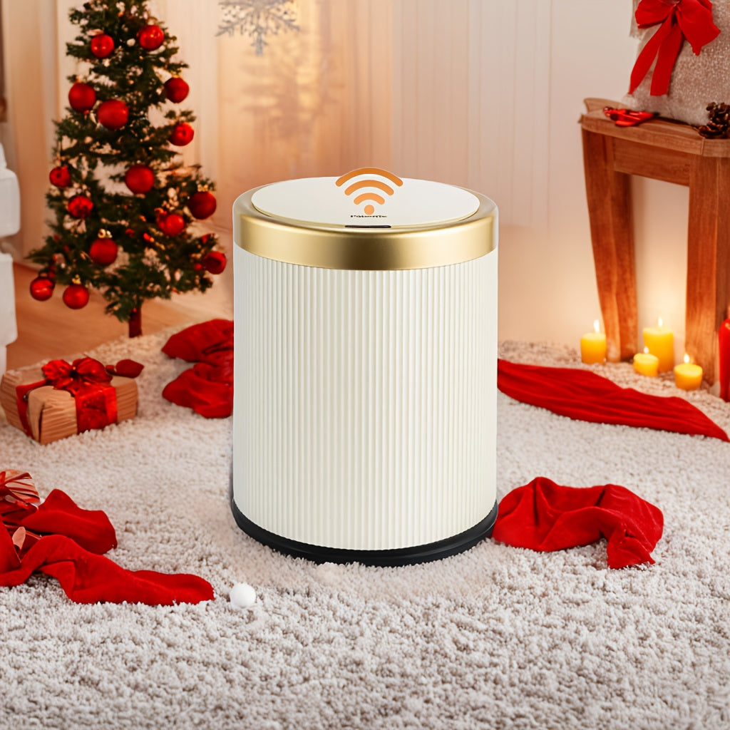 Smart Sensor Trash Can – White Motion-Activated Compactor Bin with Wooden Legs for Kitchen, Bathroom, and Office Use