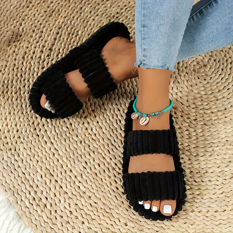 Women's Elegant Plush Slippers - Warm Lining, Open-Toe Style, Non-Slip Sole for Indoor Cozy Comfort & Style