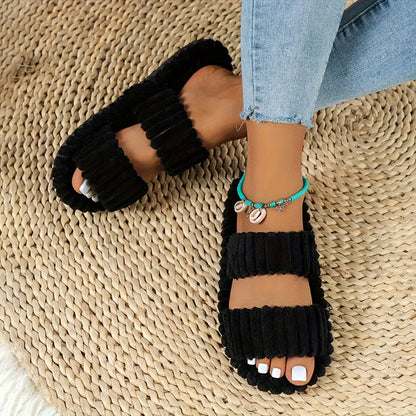 Women's Elegant Plush Slippers - Warm Lining, Open-Toe Style, Non-Slip Sole for Indoor Cozy Comfort & Style