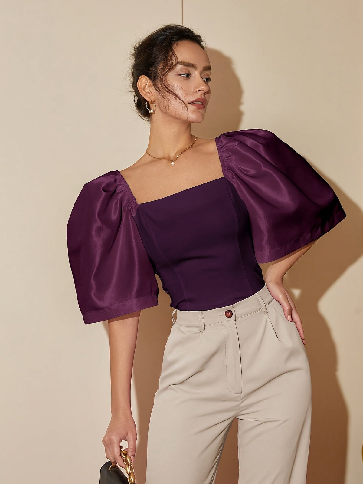 Chic Square Neck Lantern Sleeve Blouse – Woven Polyester Women’s Fashion Top for Spring/Summer Street Style with a Flattering Skinny Fit