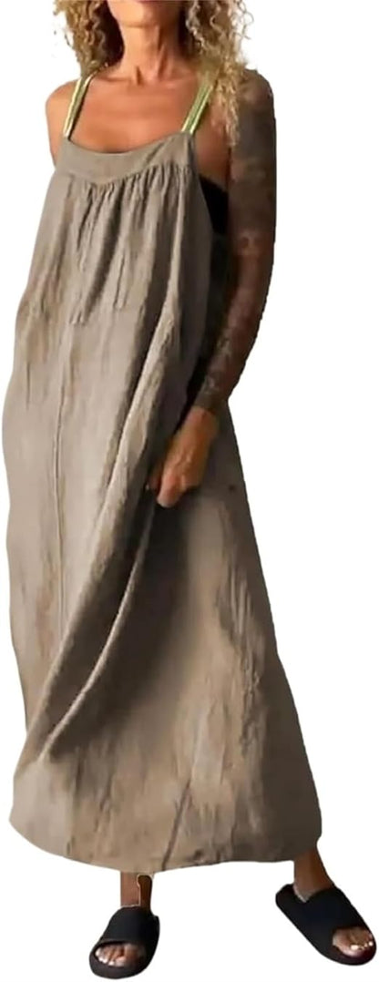 Women’s U-Neck Summer Maxi Dress – Casual Loose Sleeveless Pullover with Striped Straps, Flowy Hem, and Convenient Pockets for Breezy Everyday Style