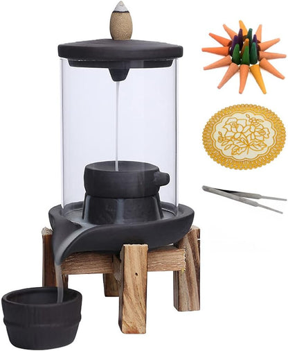 Handmade Ceramic Backflow Incense Burner – Waterfall Smoke Effect Feng Shui Holder for Living Room Aromatherapy