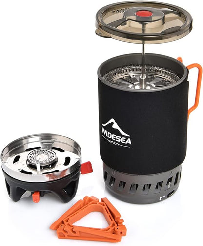Widesea Heat-Exchanger Camping Cookware Set – Outdoor Cooking System with Gas Stove Burner, Coffee Pot, Tableware & Compact Packing