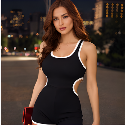 Women’s Sleeveless Shorts Jumpsuit – Hollow-Out Waist Cutout Romper for Summer Clubwear and Street Style