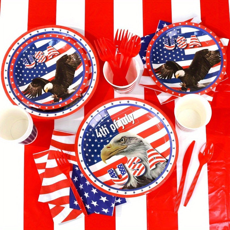 Patriotic 4th of July Party Decor Set – 170pcs American Flag Themed Plates, Cups, Tablecloths & Banner for Independence Day Celebrations, Fireworks Parties & Patriotic Events