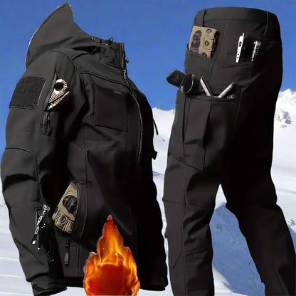 Men’s Fleece-Lined Waterproof Outdoor Set – Windproof Hooded Jacket & Pants with Multiple Pockets for Camping, Hiking & Rugged Adventure Comfort
