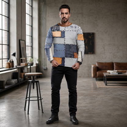 Men's Patchwork Denim Shirt - Vintage Inspired Long Sleeve Button Top with Stylish Grid Print Design