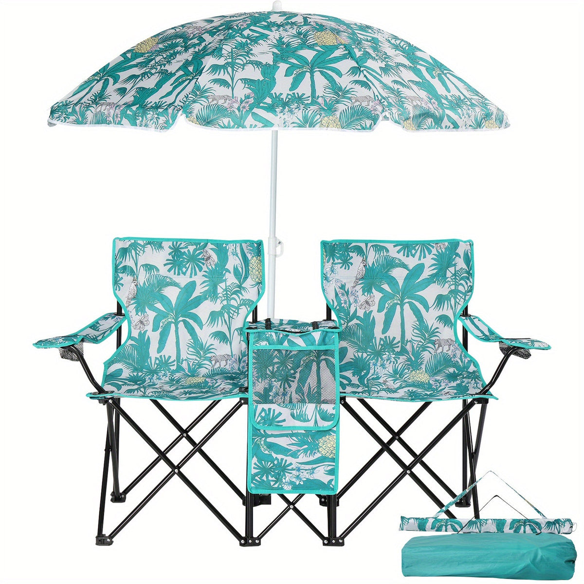 Two Seaters Beach Chair with Umbrella and Side Bag – Portable All-in-One Seat with Sunshade, Ultimate Comfort for Outdoor Adventures, Picnics, and Angler's Relaxation