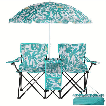 Two Seaters Beach Chair with Umbrella and Side Bag – Portable All-in-One Seat with Sunshade, Ultimate Comfort for Outdoor Adventures, Picnics, and Angler's Relaxation