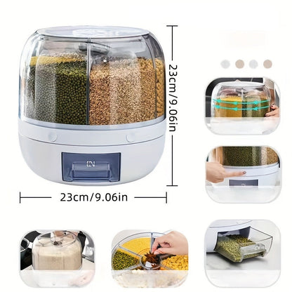 Six Compartment Rotating Cereal Dispenser – Dry Food Storage Organizer for Kitchen, Easy Access, and Space-Saving Pantry Design
