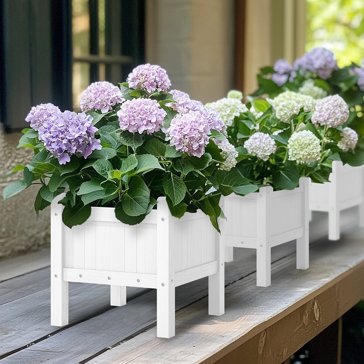 Modern Square Planter Box – Chic White Weatherproof Garden Pot with Faux Hydrangeas for Stunning Outdoor Decor, Balcony, or Patio Style