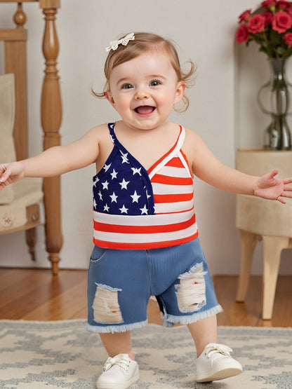 Toddler Girls’ Independence Day Outfit – Sleeveless Ribbed Top & Ripped Denim Shorts Patriotic Summer Set for Kids Fashion