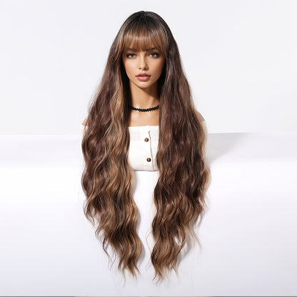 Brown Curly Wig with Bangs – 32” Heat-Resistant Synthetic Hair for Daily Wear and Effortless Style for Any Occasion
