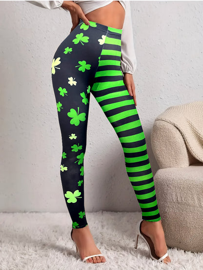 Striped Clover Print Women’s Leggings – Knit Jeggings for St. Patrick’s Day with Soft Fit & Stretch for Spring/Fall Comfort Style