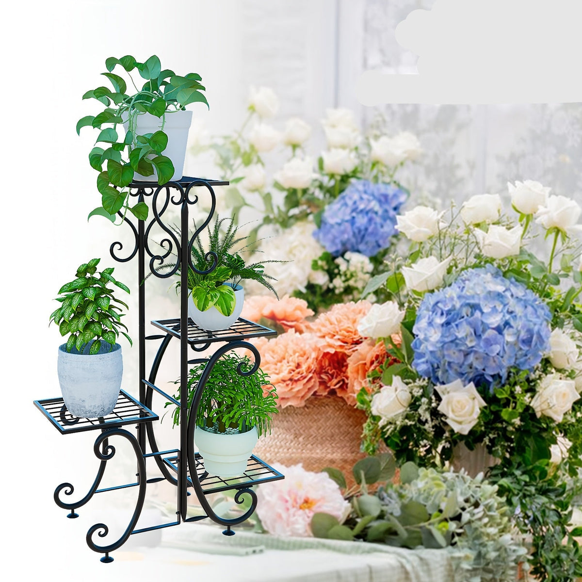 Wrought Iron Metal Plant Stand – 4 Tier Corner Shelf for Indoor/Outdoor Flower Pots, Patio, Garden, Balcony or Office Display