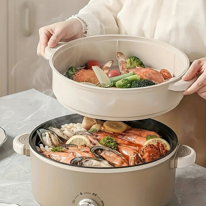 Large Capacity Electric Hot Pot with Steamer – Stainless Steel Multi-Function Cooker with Temperature Control & Non-Stick Liner