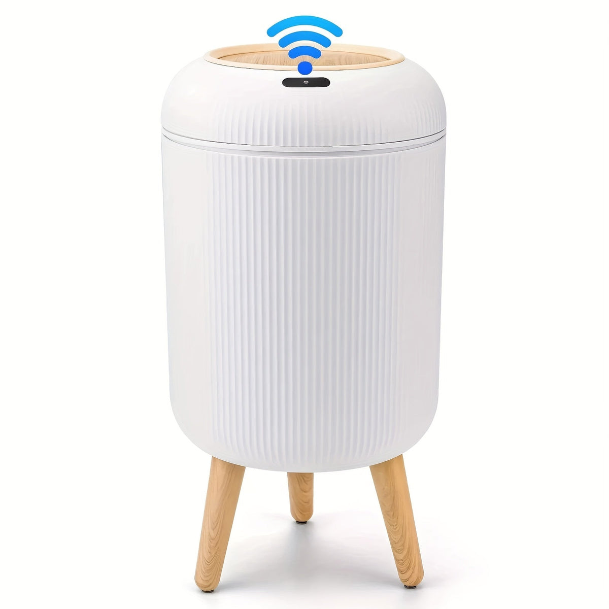 Smart Sensor Trash Can – White Motion-Activated Compactor Bin with Wooden Legs for Kitchen, Bathroom, and Office Use