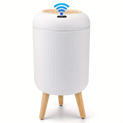 Smart Sensor Trash Can – White Motion-Activated Compactor Bin with Wooden Legs for Kitchen, Bathroom, and Office Use