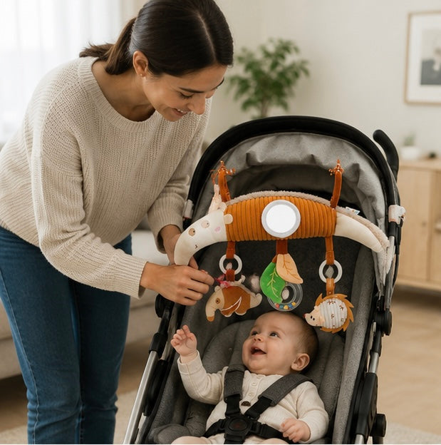 Baby Stroller Arch Toy - Plush Activity Hanging Toy with Sounds for Car Seats, Prams and Sensory Exploration
