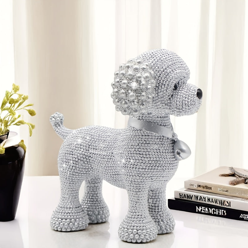 Silver Resin Dog Statue with Bell Detail – Unique Beaded Holiday Table Decor for Gifting, Bookshelves, or Sophisticated Living Room Charm