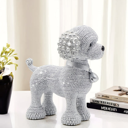 Silver Resin Dog Statue with Bell Detail – Unique Beaded Holiday Table Decor for Gifting, Bookshelves, or Sophisticated Living Room Charm