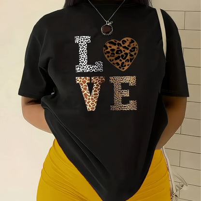 White Leopard Heart Graphic T-Shirt – Casual Round Neck Short Sleeve Cotton Tee for Everyday Fashion and All-Season Wear