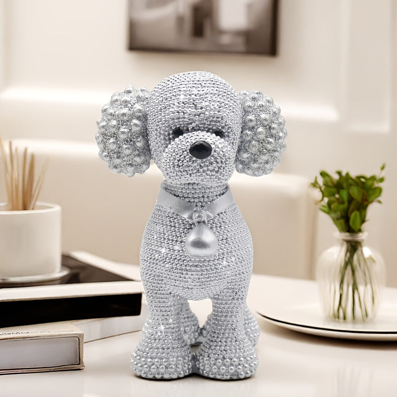 Silver Resin Dog Statue with Bell Detail – Unique Beaded Holiday Table Decor for Gifting, Bookshelves, or Sophisticated Living Room Charm