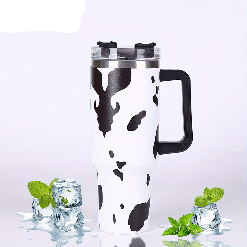 Stainless Steel Insulated Cow Print Tumbler – 40oz Travel Mug with Handle and Straw Lid, Heat-Preserving, Perfect Gift for Camping, Sports, and Outdoor Adventures