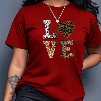 White Leopard Heart Graphic T-Shirt – Casual Round Neck Short Sleeve Cotton Tee for Everyday Fashion and All-Season Wear