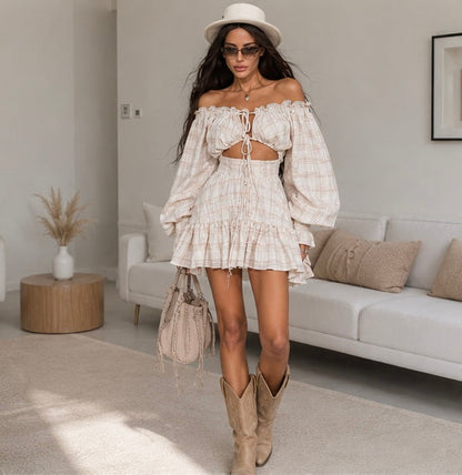 Women Hollow Out Mini Dress - Sexy Slash Neck Lace Up Lantern Sleeve Party Dress for Summer Clubwear and Evening Fashion