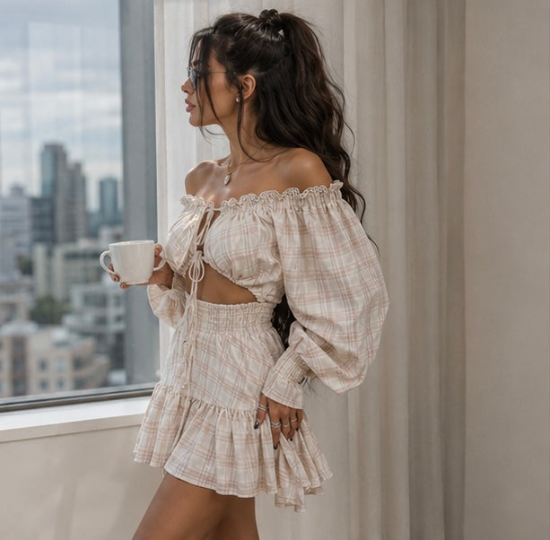 Women Hollow Out Mini Dress - Sexy Slash Neck Lace Up Lantern Sleeve Party Dress for Summer Clubwear and Evening Fashion