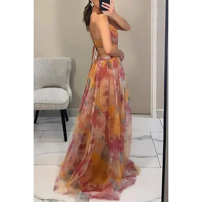Sexy Hollow-Out Party Maxi Dress – Women’s Summer Print Sleeveless Lace-Up Vestido for Lounge, Outdoor Events or Evening Glamour