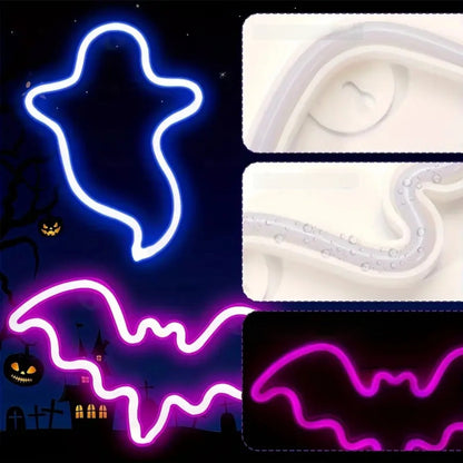 Halloween Bat Ghost Neon Table Lamp – LED Bat And Ghost Shaped Neon Light For Indoor Outdoor Party, Bedroom, Festival Decoration