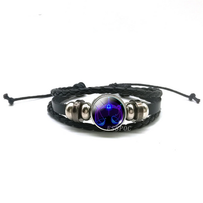 Handwoven Zodiac Leather Charm Bracelet – 12 Constellation Signs, Vintage Couple Gift for Women & Astrology Lovers