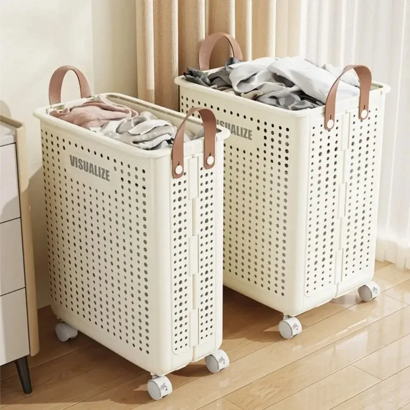 Foldable Laundry Basket with Wheels – Large PU Leather Hamper for Bathroom & Balcony Storage, Hand-Washable and Space-Saving Design
