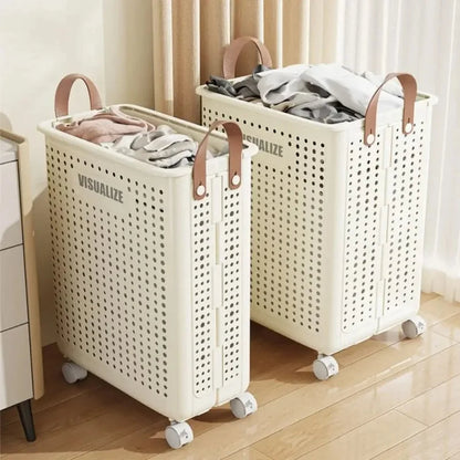 Foldable Laundry Basket with Wheels – Large PU Leather Hamper for Bathroom & Balcony Storage, Hand-Washable and Space-Saving Design