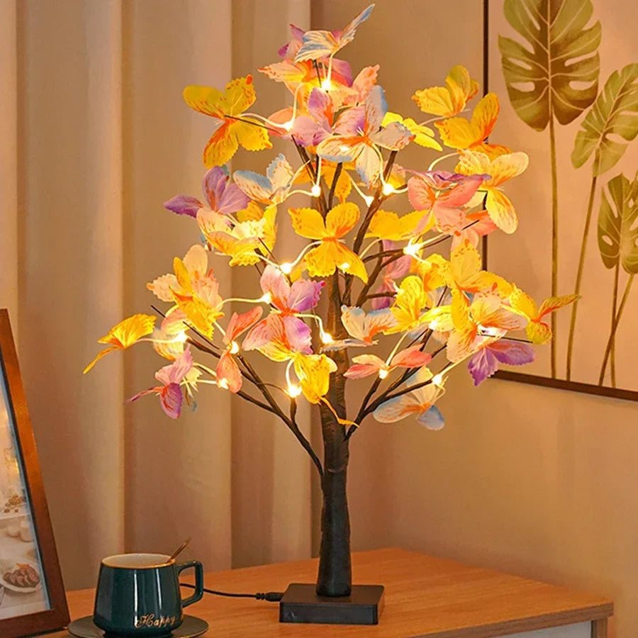LED Birch Tree Table Lamp – Butterfly Bonsai Lights Powered by USB or 3 AA Battery for Bedroom, Fireplace, and Holiday Decor