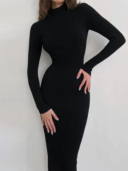 Turtleneck Knitted Midi Dress – Long Sleeve Bodycon Fit for Flawless Autumn & Winter Fashion Statements