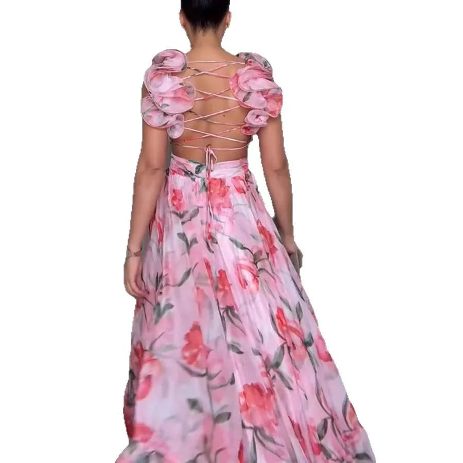 Women’s Chiffon Ruffled Print Dress – V‑Neck Pleated High-Waist Ankle-Length Loose Dress for Summer Casual or Formal Occasions